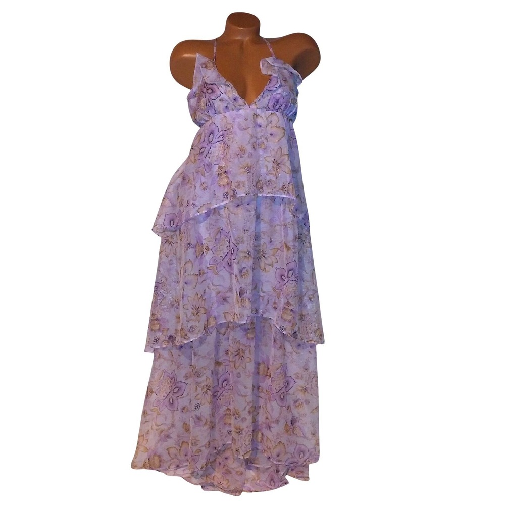 Victoria Secret Lingerie Chemise Slip Gown Medium Purple Sheer Ruffle Tiered